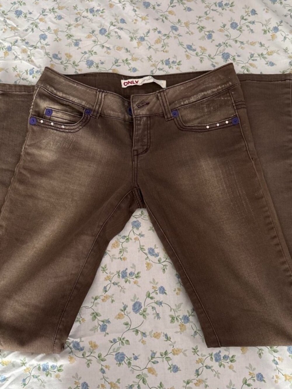 2000s ONLY y2k low rise jeans with purple detailing and rhinestones